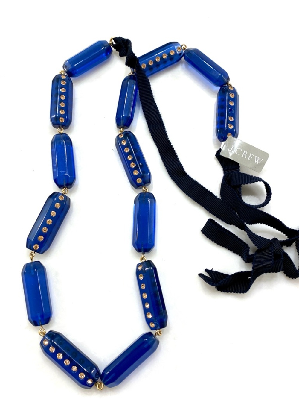 J. Crew Cobalt Blue Beaded Ribbon Tie Necklace
